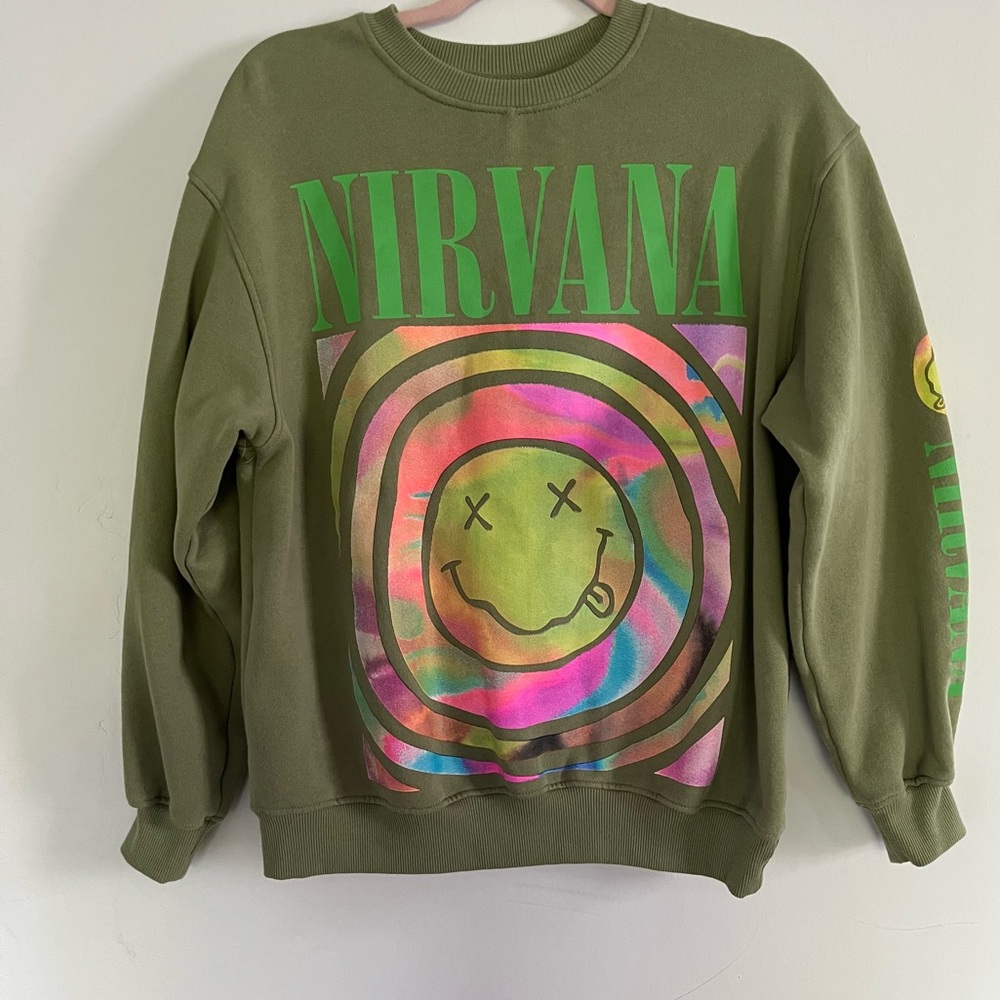 Nirvana Green Multicolor Smiley Face Overdyed Swe… - image 1